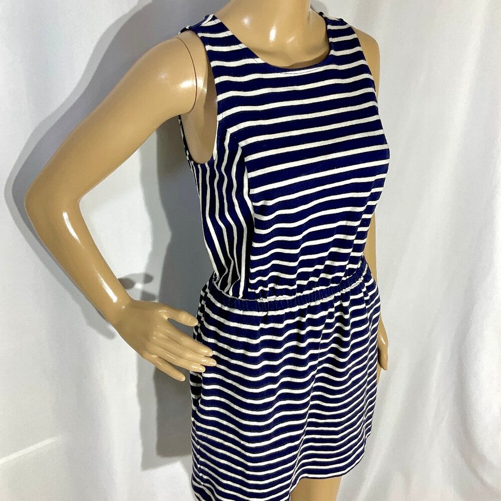 Ann Taylor Loft Sz S Navy & White Striped Knee Length Dress Womens 100% Cotton
